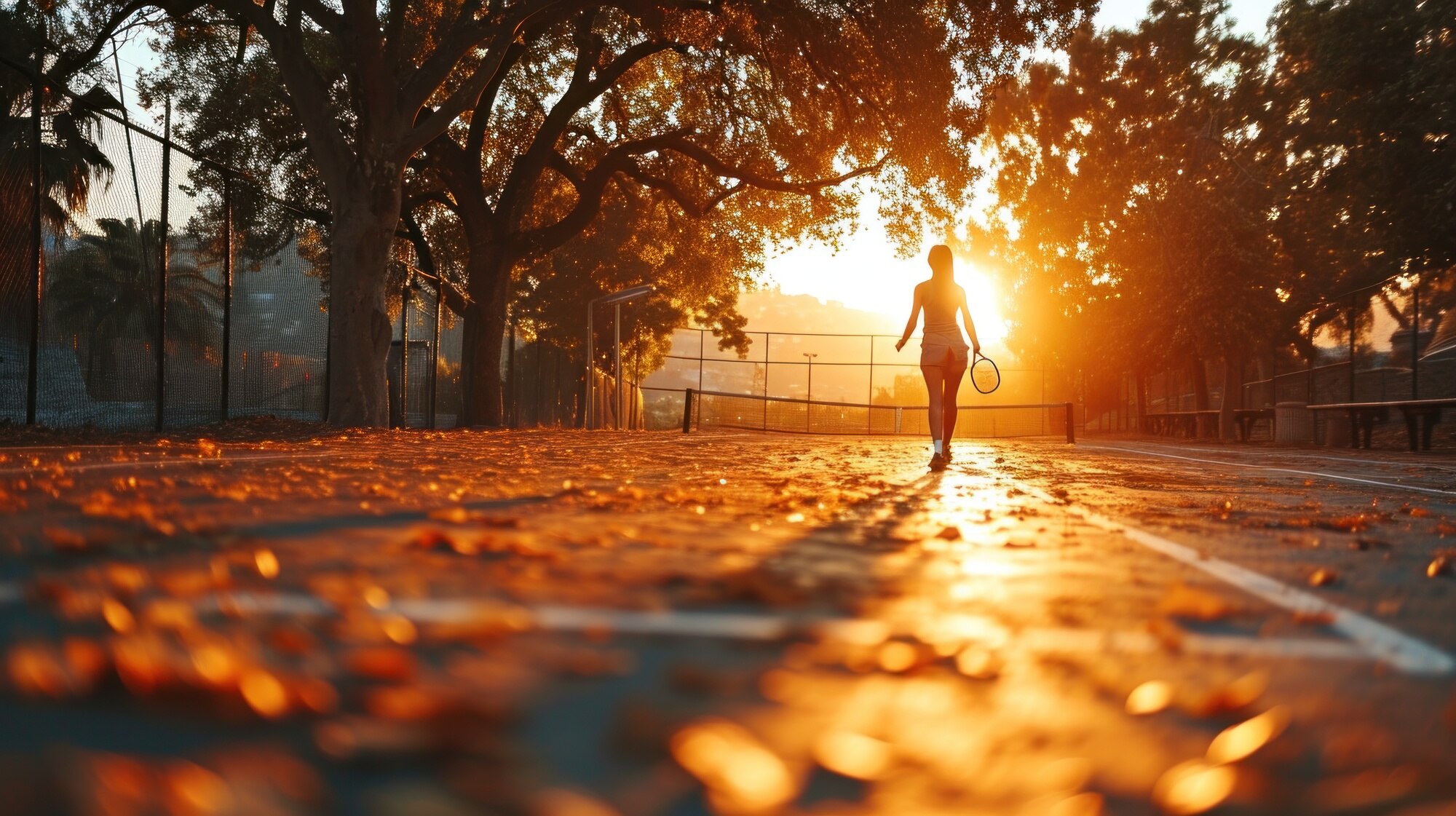 Persona corriendo al amanecer en parque urbano